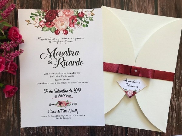 110 convites de casamento flor marsala bordo envelope marfim