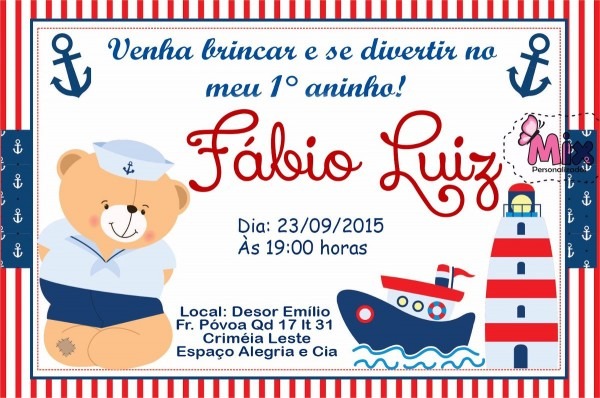 20 convites para aniversario infantil   ursinho marinheiro