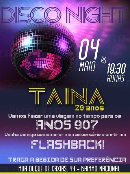 Convite de aniversÃrio digital tema discoteca anos 60 70 80 90