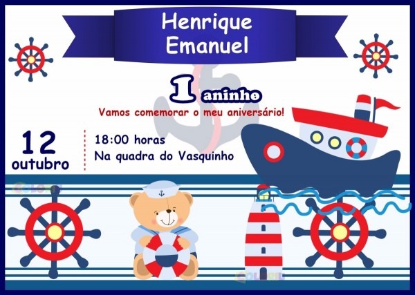 Arte convite digital ursinho marinheiro