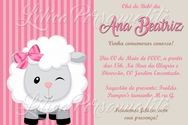 Arte de convite digital chÃ¡ de bebÃª ovelhinha menina