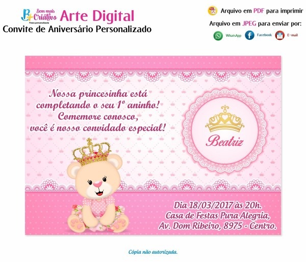 Arte digital convite aniversário infantil ursinha princesa Arte digital convite aniversário infantil ursinha princesa