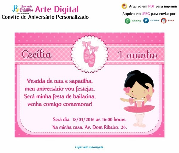 Arte digital convite aniversÃ¡rio personalizado bailarina