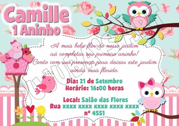 Arte digital convite jardim encantado passarinhos corujinhas