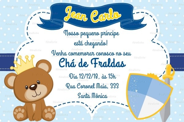 Arte digital convite ursinho prÃ­ncipe chÃ¡ todos os temas