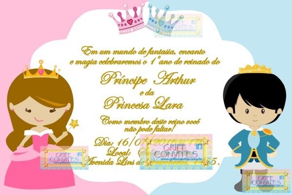 Arte convite prÃ­ncipe princesa no elo7
