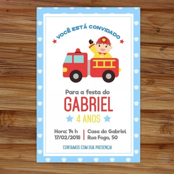 Arte digital convite aniversÃ¡rio tema bombeiro festa menino