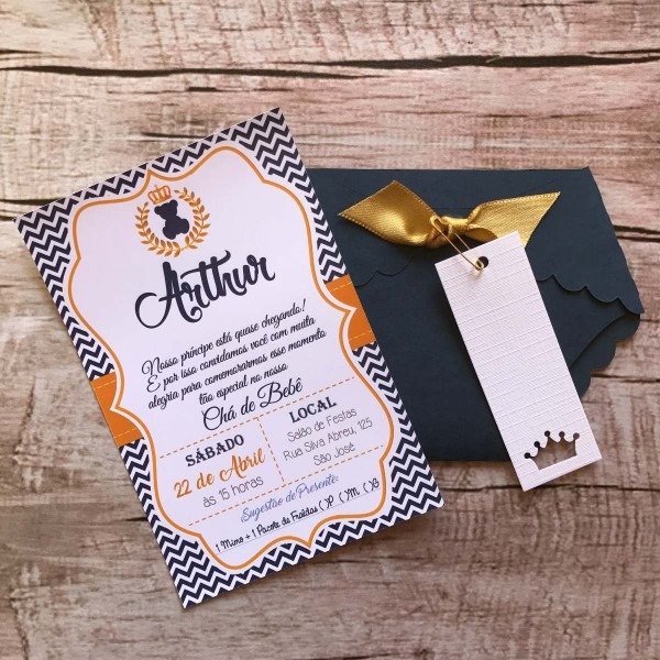 Convite chÃ¡ de bebÃª prÃ­ncipe (marinho e dourado)