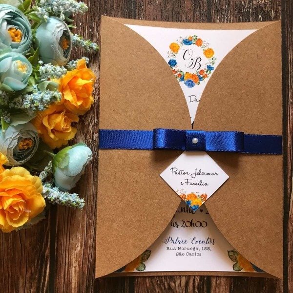 Convite De Casamento RÃºstico Floral Amarelo E Azul Royal
