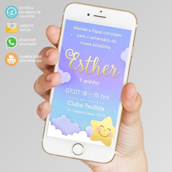 Convite digital aniversÃ¡rio brilha estrelinha estrela