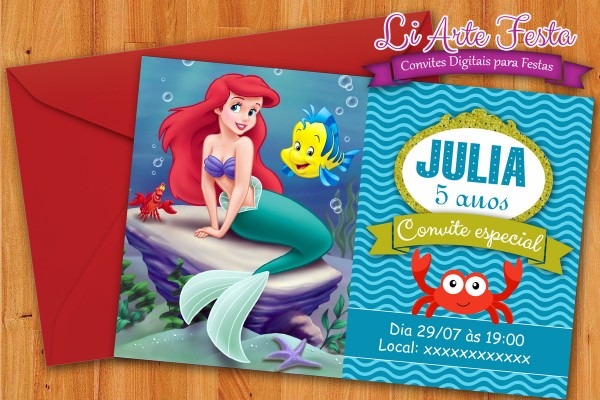 Convite pequena sereia (arte digital) +lacre envelope grátis no Convite pequena sereia (arte digital) +lacre envelope grátis no