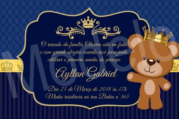 Convite digital prÃncipe urso coroa realeza azul marinho Convite digital prÃncipe urso coroa realeza azul marinho