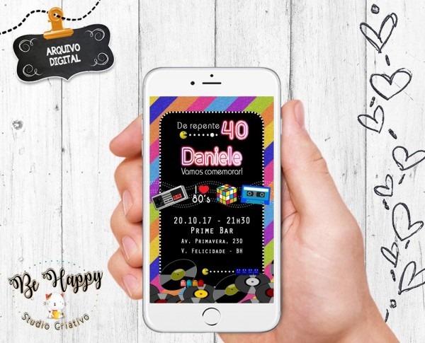 Convite festa anos 80 ganhe brinde save the date