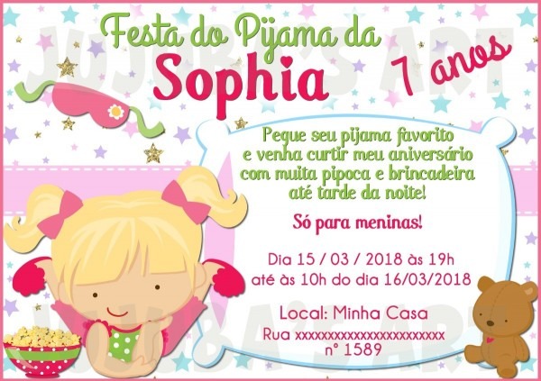 Arte digital convite festa do pijama infantil  mod1