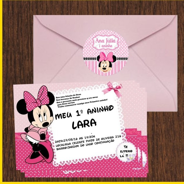 Convite minnie rosa 10x15 com enveloepes no elo7 Convite minnie rosa 10x15 com enveloepes no elo7