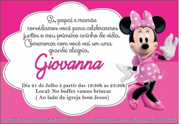 Convite minnie rosa infantil personalizado 20uni Convite minnie rosa infantil personalizado 20uni