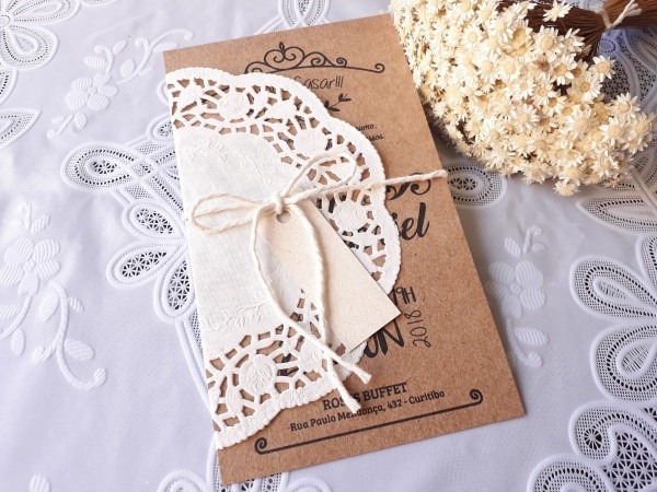 Convite rústico casamento papel renda rendado kraft 120 unid Convite rústico casamento papel renda rendado kraft 120 unid