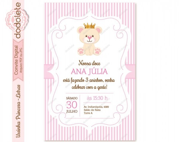 Convite ursinha princesa listras no elo7 Convite ursinha princesa listras no elo7