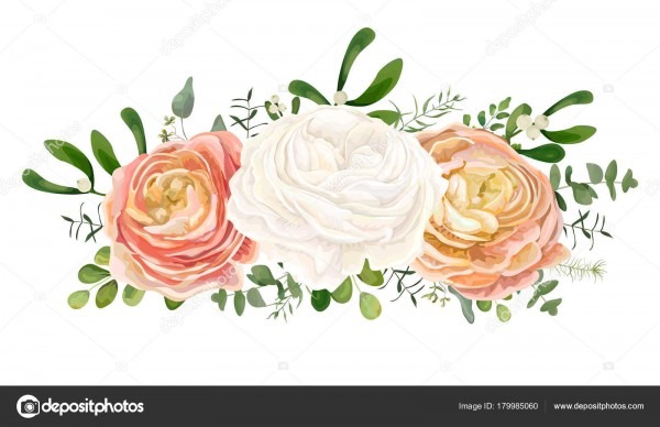 Bouquet floral vetor com rosa branca, flor de ranunculus pÃªssego