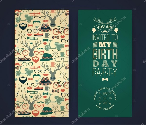 Convite de aniversÃ¡rio feliz, fundo retro vintage com hipster