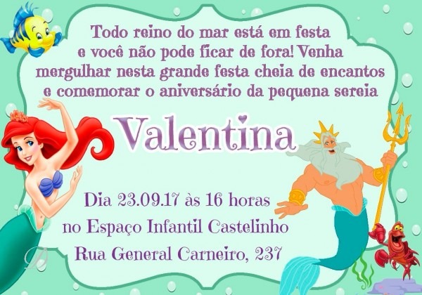 05 unid  convite personalizados ariel, pequena sereia