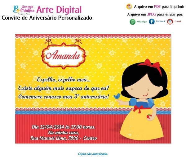 Arte convite aniversário branca de neve Arte convite aniversário branca de neve