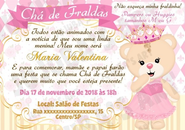 Arte digital convite chÃ¡ de fraldas ursinha princesa bebÃª