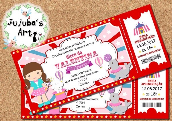 Arte digital convite ingresso circo rosa e vermelho menina 2 Arte digital convite ingresso circo rosa e vermelho menina 2