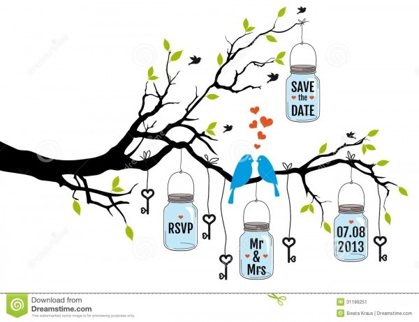 Ãrvore com pÃ¡ssaros, convite do casamento ilustraÃ§Ã£o do vetor