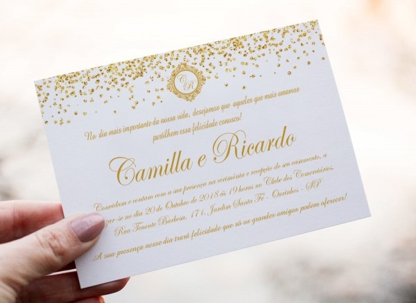 Convite casamento clÃ¡ssico dourado