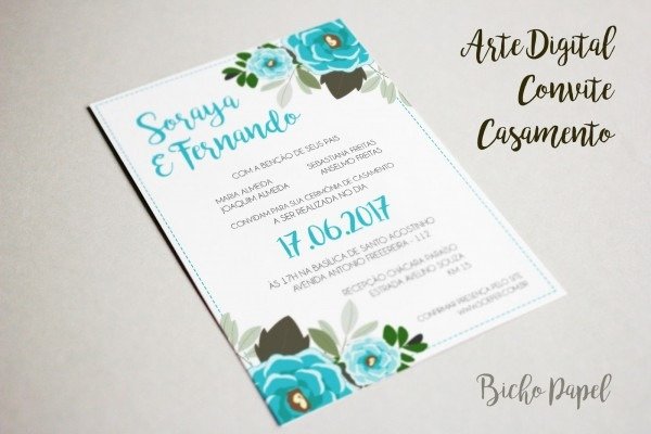 Bicho papel  arte convite digital casamento floral azul