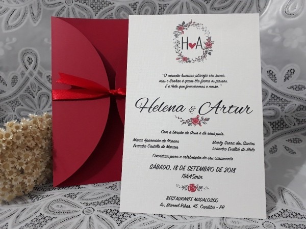 Convite casamento, vermelho, amarelo, branco, fita, barato