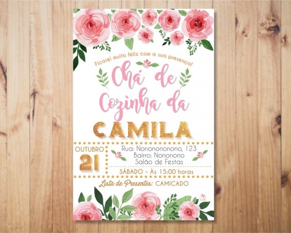 Convite chá de panela flores rosa com dourado digital no elo7 Convite chá de panela flores rosa com dourado digital no elo7