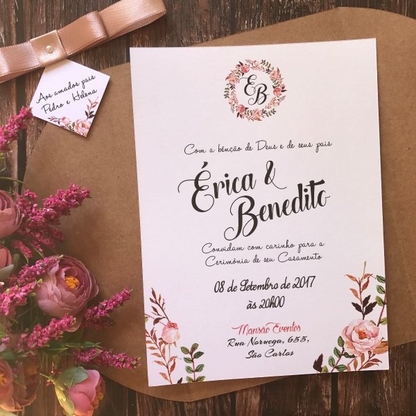 Convite de casamento rÃºstico floral nude rose