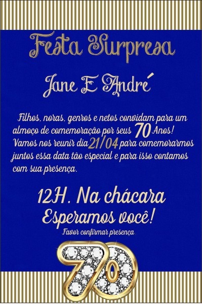 Convite digital festa surpresa 70 anos azul e dourado no elo7 Convite digital festa surpresa 70 anos azul e dourado no elo7