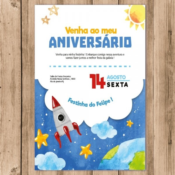 Convite festa infantil menino espaÃ§o foguete whatsapp