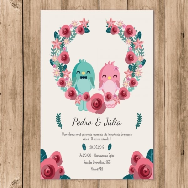 Convite noivado digital pombinhos pÃ¡ssaros flores whatsapp
