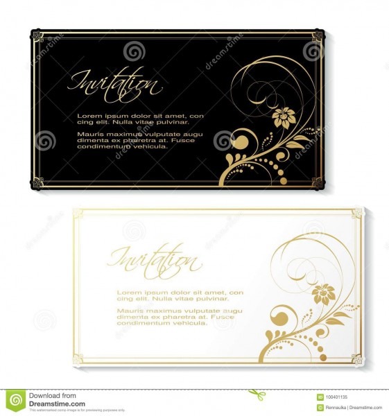 Convite preto e branco com design floral dourado e quadro