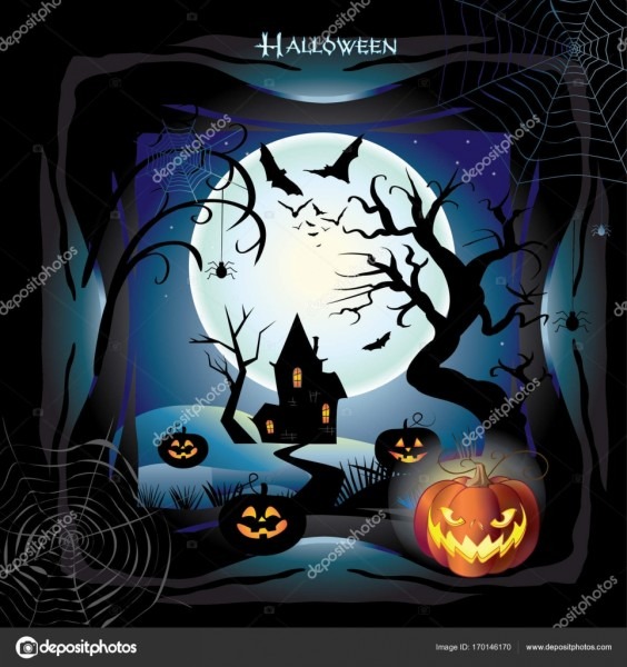 Fundo de noite de halloween com abóbora, morcego, teia de aranha Fundo de noite de halloween com abóbora, morcego, teia de aranha