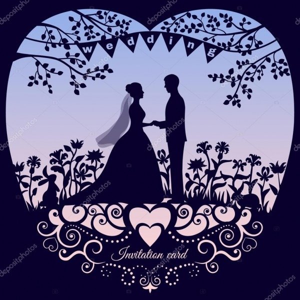 CartÃ£o de convite de casamento com o noivo e a noiva de silhueta