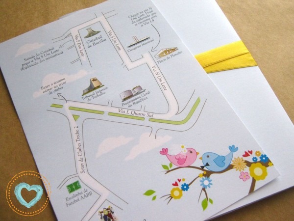 Convite de casamento com ilustração e mapa Convite de casamento com ilustração e mapa