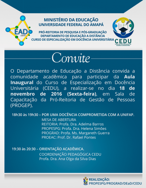 Convite para aula inaugural do curso de especializaÃÃo em docÃncia Convite para aula inaugural do curso de especializaÃÃo em docÃncia