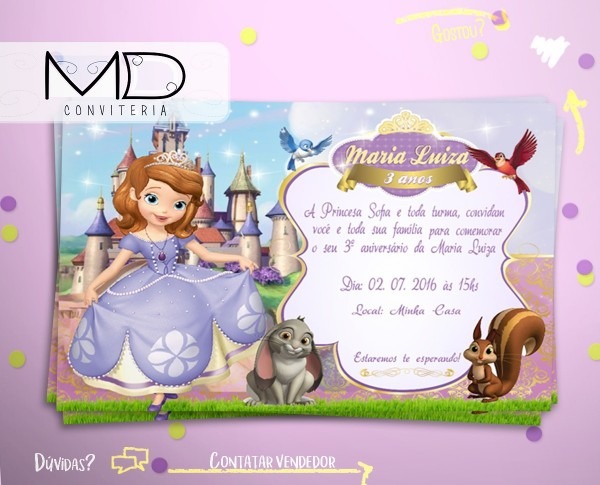 30 convite princesa sofia personalizado sem envelope