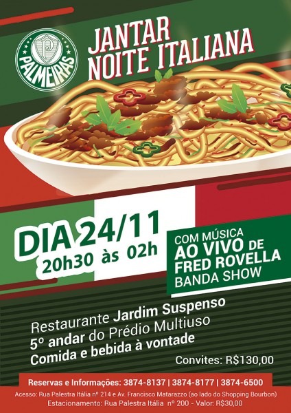 Garanta seu convite para o jantar noite italiana no palmeiras Garanta seu convite para o jantar noite italiana no palmeiras