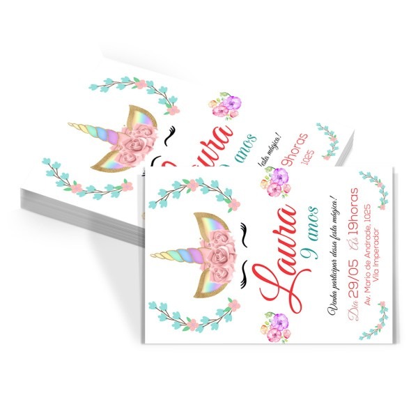 50 convites + 50 tags aniversÃ¡rio infantil unicÃ³rnio branco no