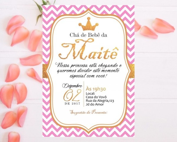Convite chá de bebê coroa princesa rosa dourado impresso Convite chá de bebê coroa princesa rosa dourado impresso