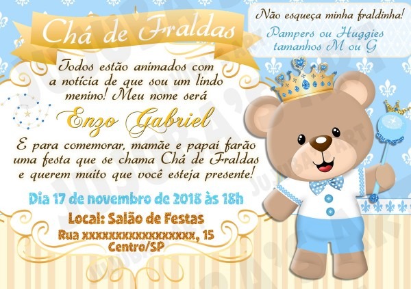 Arte digital convite chÃ¡ de bebÃª urso prÃ­ncipe azul claro no elo7