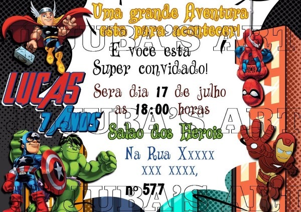 Arte digital convite herois aranha hulk pra imprimir em casa