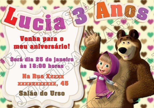 Arte digital convite masha e o urso para imprimir em casa