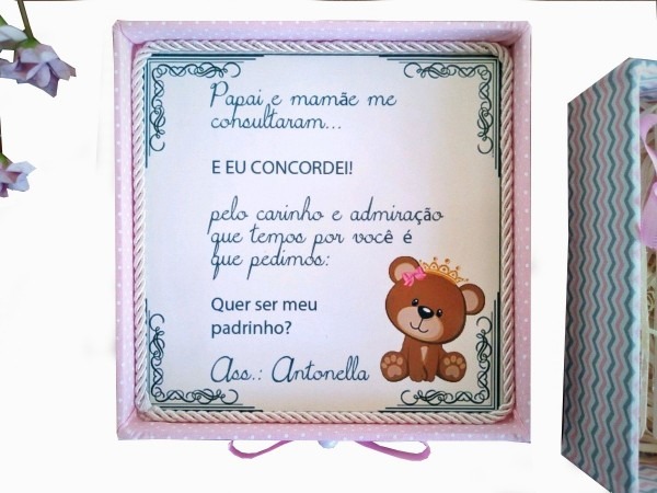 Caixa convite padrinhos batizado   batismo ursa princesa